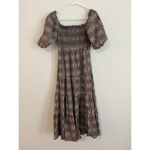 Noonday Collection Smocked Maxi Dress Brown Geometric Tribal Print Womens Size 1